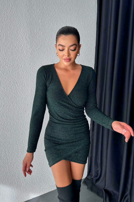 Rochie eleganta Liuba, cu croiala asimetrica, bodycon si fronseuri, Verde 2