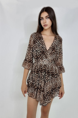 Rochie Lanvin, cu volane, maneca trei sferturi si curea inclusa, Animal print ghepard1