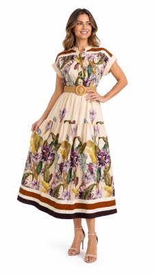 Rochie lunga Celiane, imprimeu floral de zi si curea, Crem Tulip, Marime S/M/L