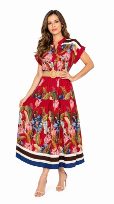 Rochie lunga Celiane, imprimeu floral de zi si curea, Red Tulip, Marime S/M/L