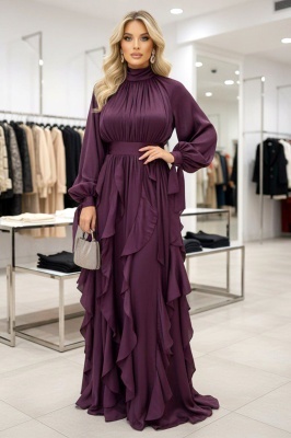 Rochie lunga cu volane Marivelle si talie marcata, Mov Intens, Marime S/M