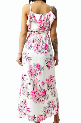 Rochie lunga Georgia, cu crapatura pe picior, Bujori roz/alb, Marime S/M 1