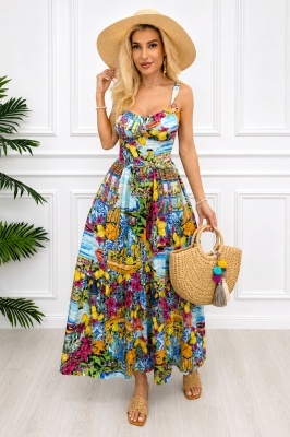 Rochie lunga in clos MELANIA, cupe buretate si imprimeu floral, ALBASTRU, Marime S/M/L