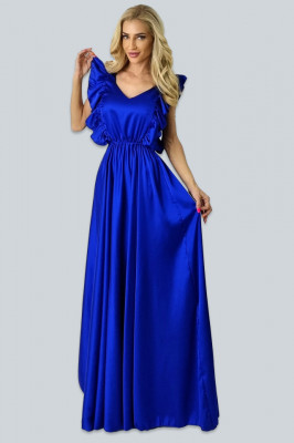 Rochie lunga Ingrid, cu volane si aspect vaporos, Albastru