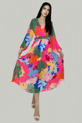 Rochie lunga Kaleya, cu textura plisata, vaporoasa si cordon in talie, Floral scent, Roz