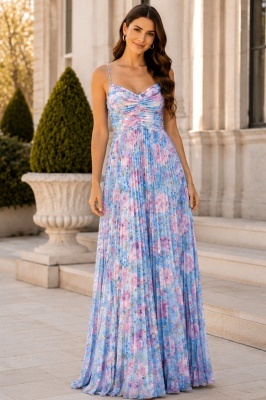 Rochie lunga plisata NYSA, cupe buretate si legare spate, Baby Blue Hortensia, Marime S/M