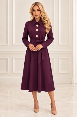 Rochie midi tip camasa OREVIA, cu cordon in talie si nasturi decorativi aurii, Mov pruna, Marime One Size S/M