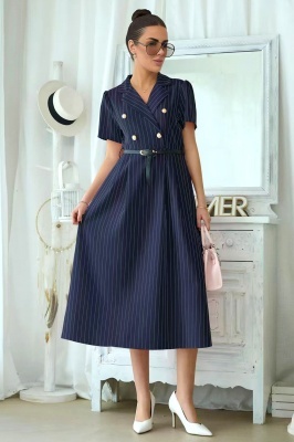 Rochie office Mireya, cu imprimeu pinstripe si curea, Bleumarin, Marime S/M