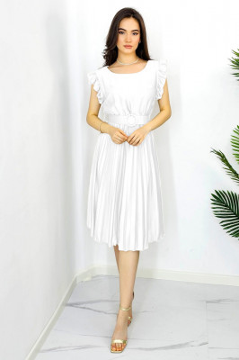 Rochie plisata midi, Elenor, cu volanase si curea asortata, Alb, Marime universala S/M1