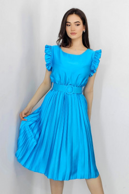Rochie plisata midi, Elenor, cu volanase si curea asortata, Albastru, Marime universala S/M1
