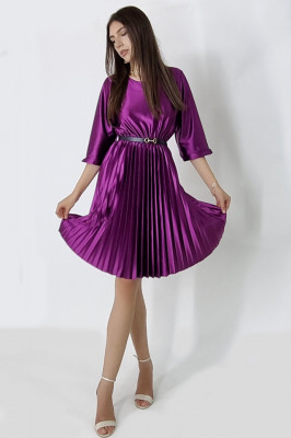Rochie midi Glossy, cu efect plisat si curea inclusa, Mov3