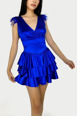 Rochie satinata Anisia, cu volane, detaliu din pene si decolteu adanc, Albastru, Marime universala S/M2