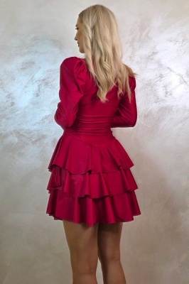 Rochie satinata Claire, cu volane si maneci lungi usor bufante, Rosu, Marime S/M