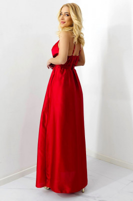 Rochie satinata Jhade, croiala decupata, cordon si bretele subtiri, Rosu, Marime S/M 2
