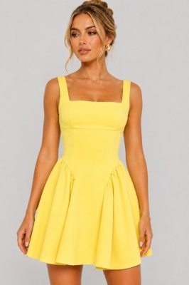 Rochie scurta babydoll MARA, cu spatele gol si funda, Galben, Marime S/M/L