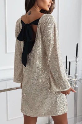 Rochie scurta cu paiete TizHea si funda oversize la spate, Argintiu, Marime universala poze spate