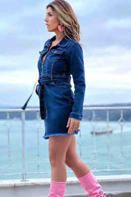 Rochie scurta Deniza, din denim elastic, cu fermoar si cordon, Albastru lateral