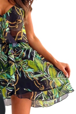 Rochie scurta din voal Yasemin, cu volane si imprimeu jungle, Verde, Marime S/M detaliu 2
