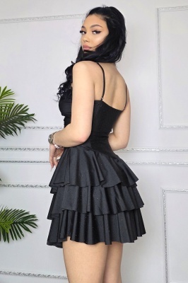 Rochie scurta de ocazie, VALORIA, cu volane si bretelute, Negru, Marime universala detaliu spate