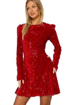 Rochie scurta, evazata ORYA, cu paiete si fermoar, Rosu, Marime S/M