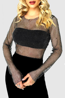 Rochie scurta Ines, bodycon, cu aspect transparent si insertii din cristale, Negru, Marime universala S/M1