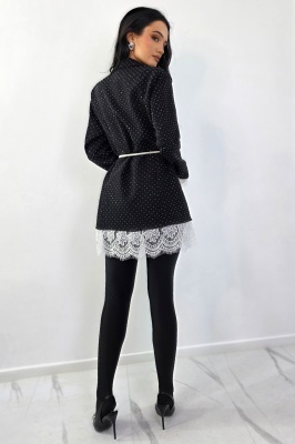 Rochie scurta sacou IMPERYA, garnituri din dantela si cristale, Alb/Negru, Marime S/M detaliu spate