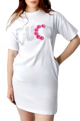 Rochie sport Karolyn, cu buzunare si strasuri, Roses Alb detaliu