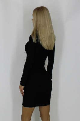 Rochie tip helanca Beth, bodycon, material texturat si guler inalt, Negru1