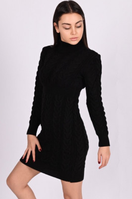 Rochie tricotata Irina, cu guler si maneca lunga, Negru1