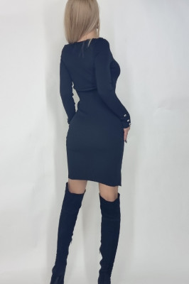 Rochie tricotata midi Petra, accesorizata cu nasturi, Negru3