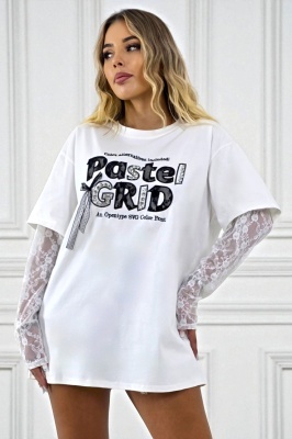 Rochie tricou ASLEY, din bumbac, cu maneci din dantela, ALB Pastel, Marime S/M