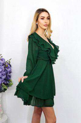 Rochie vaporoasa Theea, cu volane plisate si maneci lungi usor bufante, Verde, Marime universala S/M1