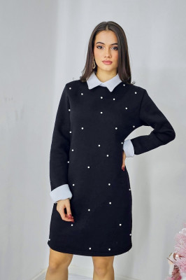 Rochie vatuita de zi, Spell, cu revere si perle artizanale, Negru 1