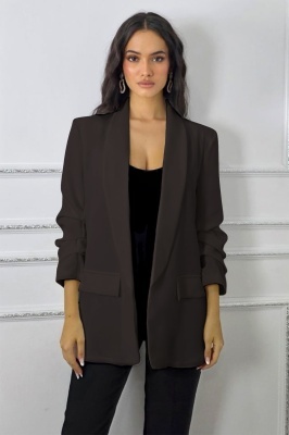Sacou cu maneca incretita Alessia si buzunare decorative, Maro inchis, Marime S/M