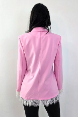 Sacou lung, elegant KISHA Pastel, cu garnituri din dantela, Roz, Marime S/M detaliu spate