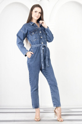 Salopeta denim Meridian, croiala boyfriend si cordon, Albastru  2