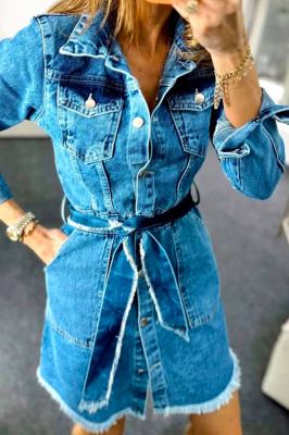 Sarafan asimetric Mera, din denim, cordon si maneca lunga, Albastru 1