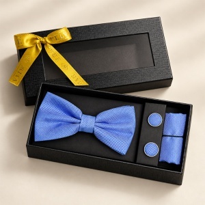 Set 3 piese Elegant pentru barbati, papion, batista si butoni, Albastru Baby blue