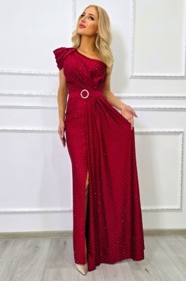  Rochie rosie de ocazie VelaNORA, cu micro-cristale,  , Marime S/M