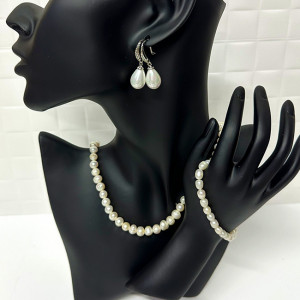 Set accesorii Precious Pearls, colier, cercei și brățară din perle de cultură, in cutie cadou, Alb 1