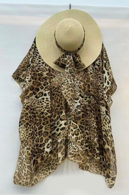 Set de plaja SAMY, tunica si palarie accesorizata cu esarfa, BEJ Leopard, Marime S/M