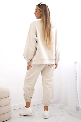 trening doua piese oversize Perfect Life, pantaloni sport si bluza cu emblema pe maneca, Crem 