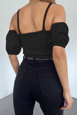 Top scurt Bez, cu umerii goi si mansete bufante cu rejansa elastica, Negru1