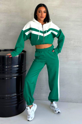 Trening bumbac Cerasela, imprimeu bicolor, bluza scurta cu fermoar si pantaloni, Verde 3