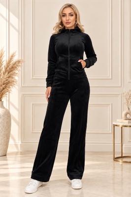 Trening velur Peyton, cu hanorac si pantaloni lejeri, Negru