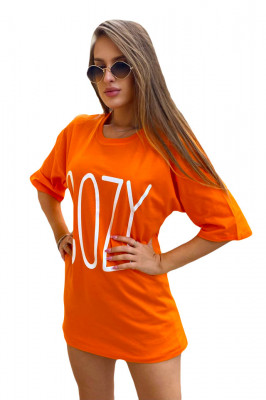 Tricou bumbac Allexa, cu lungime medie si imprimeu "COZY", Portocaliu, Masura S/M