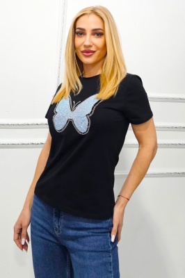 Tricou bumbac AMOO, cu imprimeu in relief si cristale artizanale, Butterfly Negru