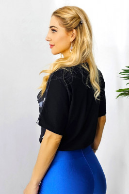 Tricou bumbac Swing, cu imprimeu grafic si rejansa elastica in talie, Negru3