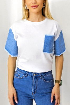 Tricou bumbac Kriss, cu doua texturi, denim la maneci si buzunar practic cu franjuri 3