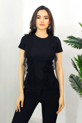 Tricou dama Abe, cu rejansa din dantela si textura striata, Negru, Marime universala S/M